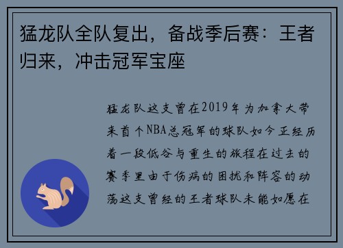 猛龙队全队复出，备战季后赛：王者归来，冲击冠军宝座